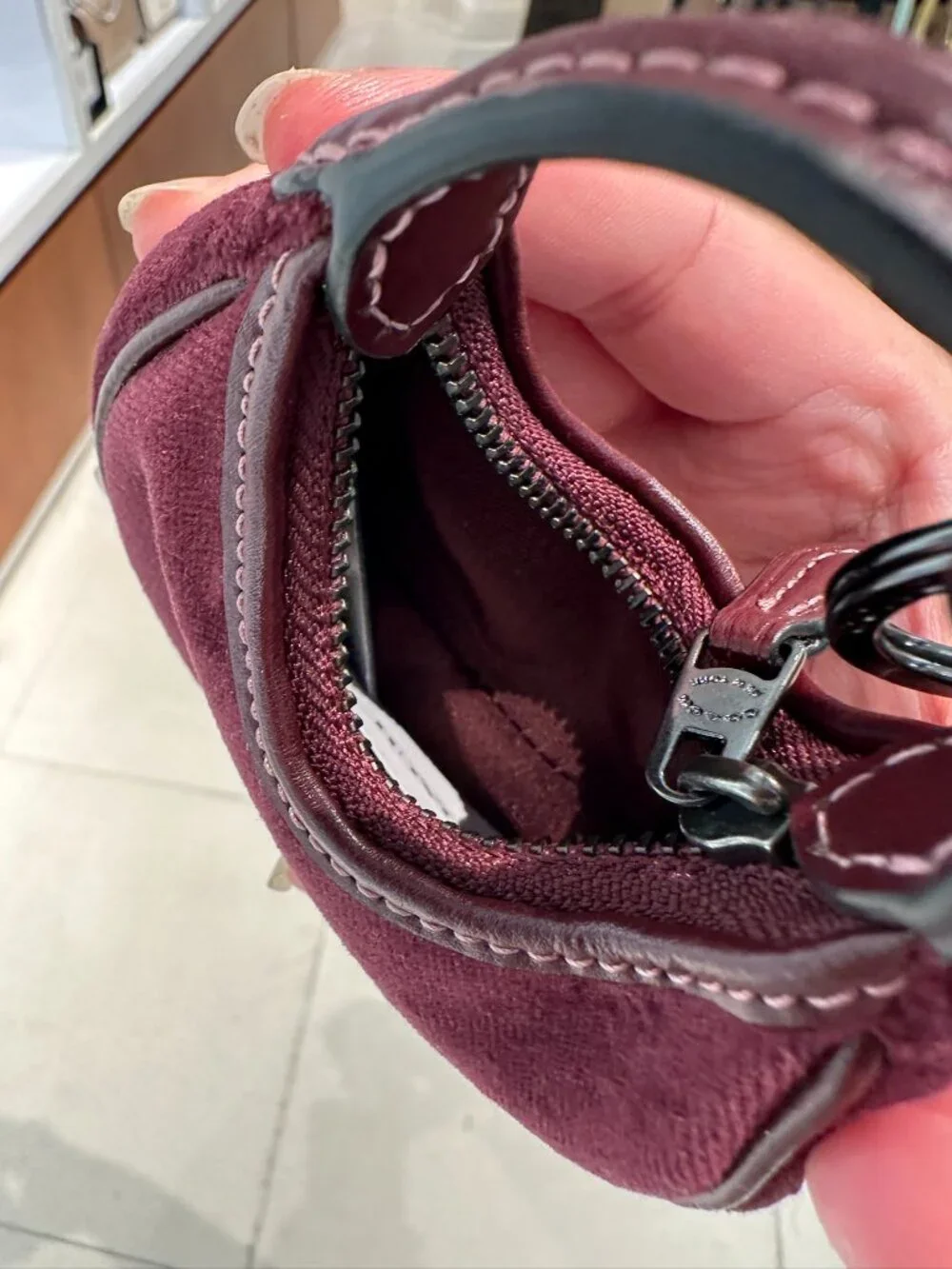 NWT! Coach CCF19 Mini Carmen Bag Charm Gunmetal/Burgundy Velvet/Smooth Leather - Picture 8 of 9